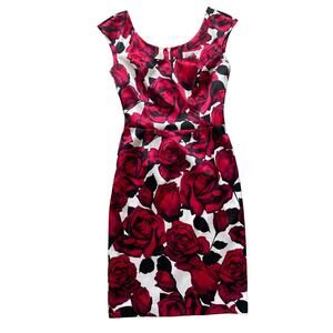 Joseph Ribkoff Vintage Evening Dress 2 | Red Rose Floral Satin Rare Cocktail